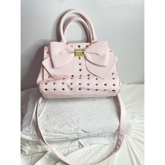 Betsey Johnson Handbags - Betsey Johnson Pink Bow Studded Satchel Crossbody Bag Gold Hardware